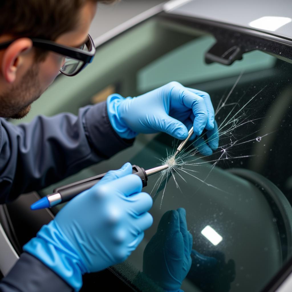 Auto Glass Repair Beograd: A technician repairing a chipped windshield