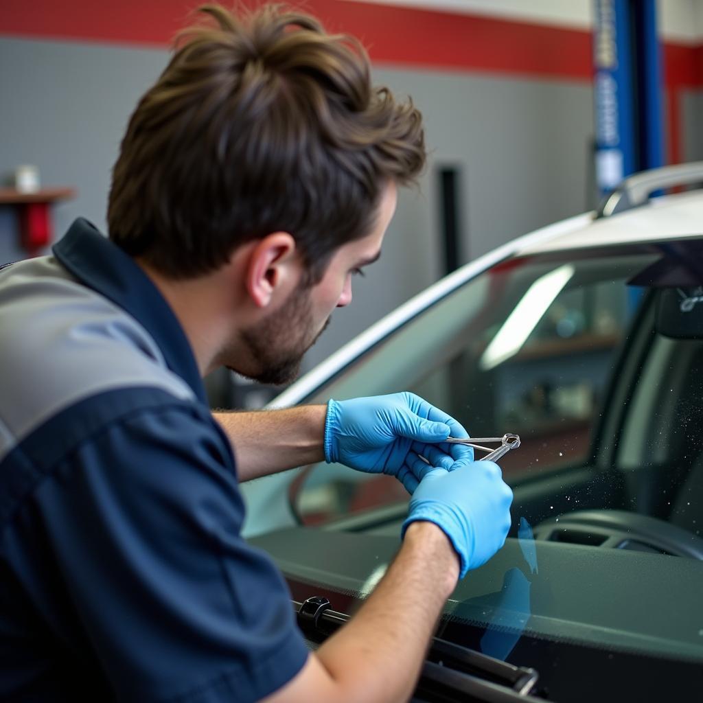 Auto glass repair in Nitro, West Virginia showing a technician repairing a windshield chip