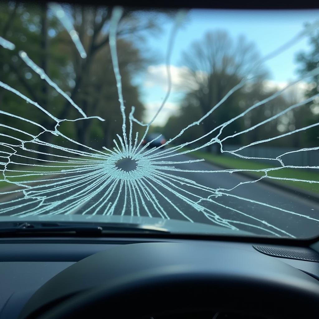 Windshield with a significant crack requiring repair.