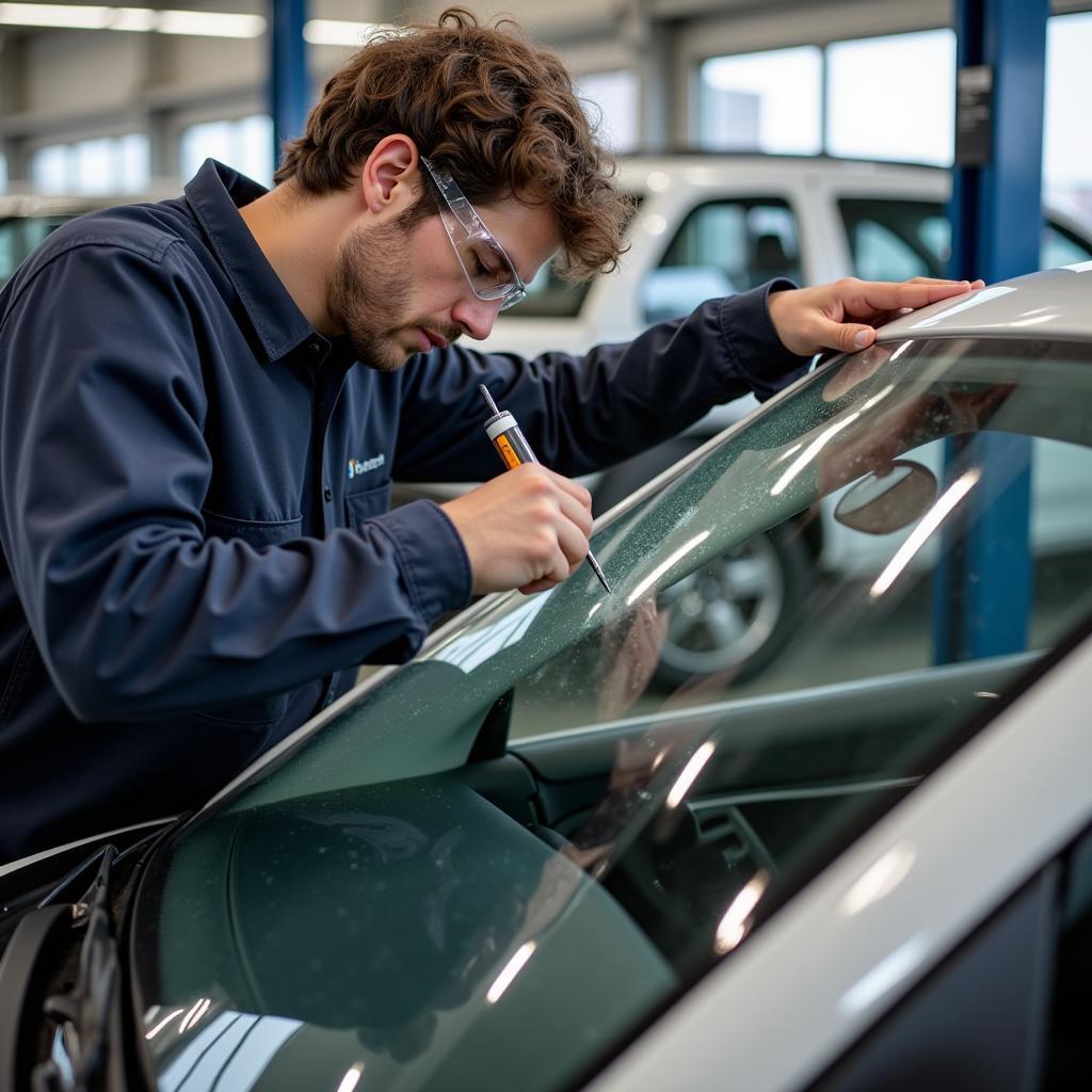 Technician Repairing Windshield Chip in Sammie Baker