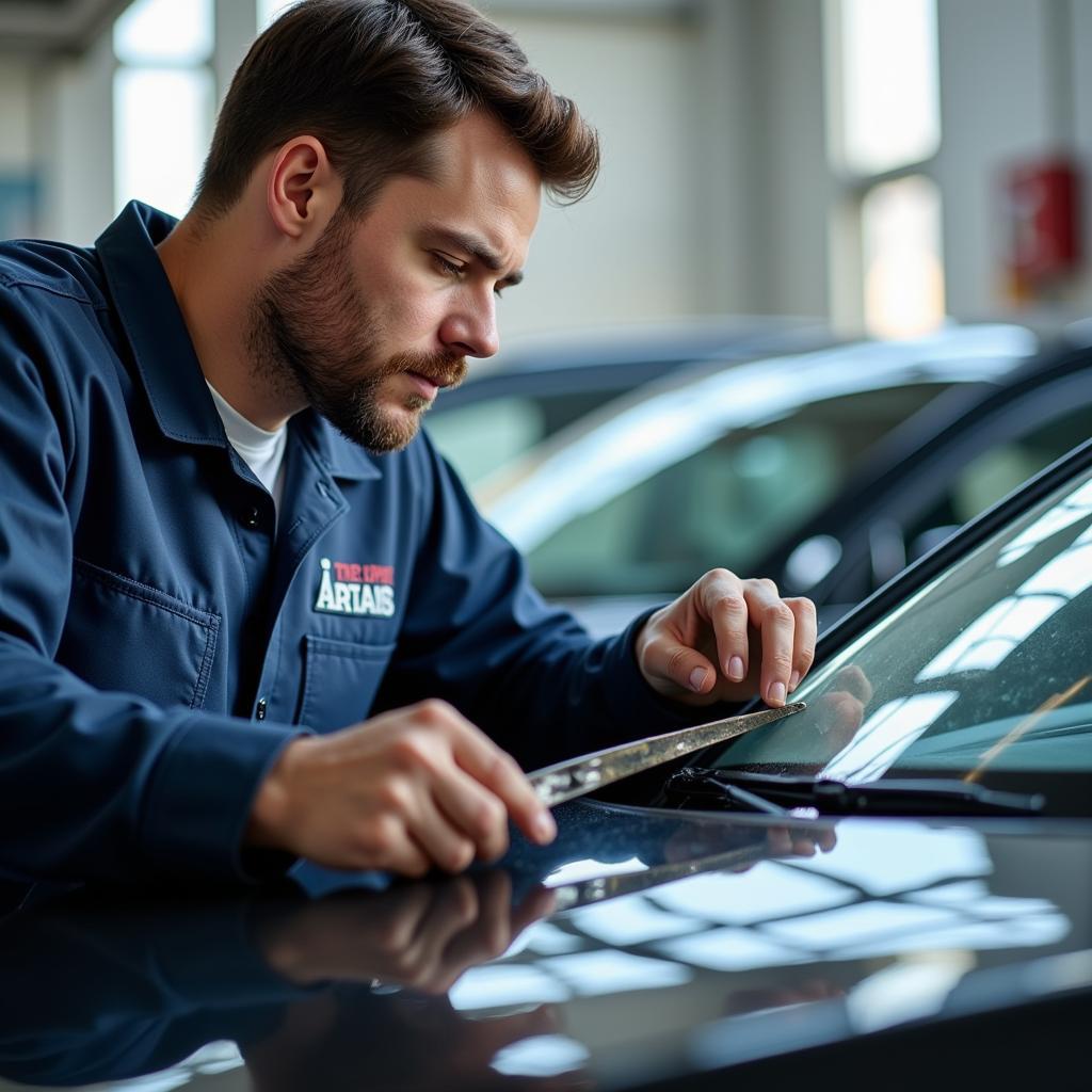 Auto Glass Repair Technician Working on a Windshield