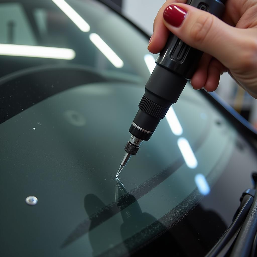 Small chip being repaired in a windshield.