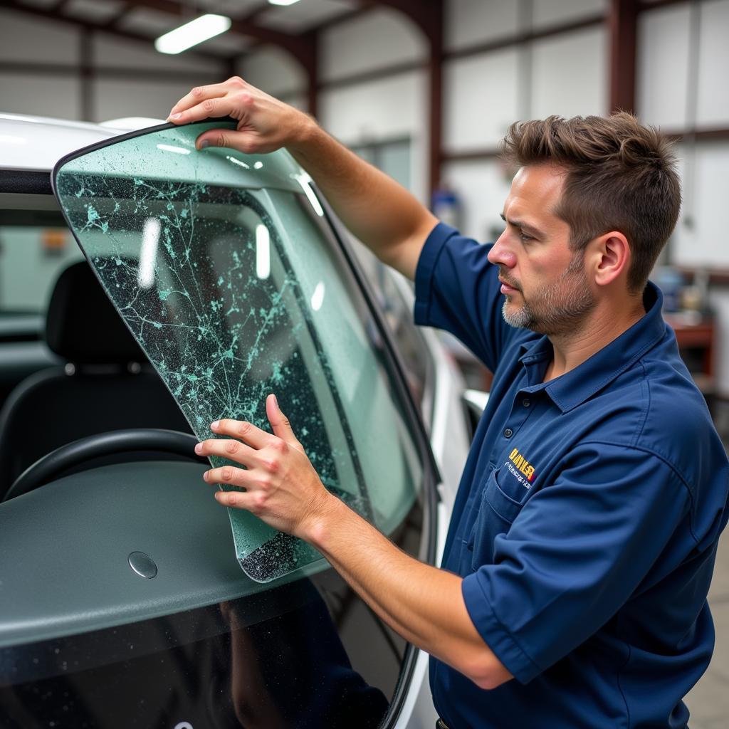 Technician replacing a windshield on a car in Franklin County