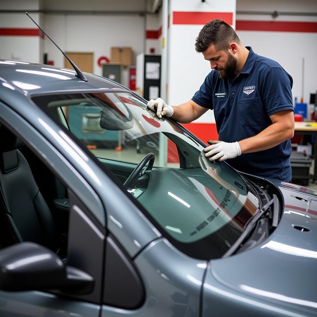 Experienced technician replacing a windshield on a car in Prince Georges County, MD