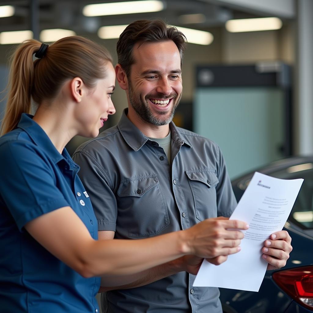 An auto glass technician explaining insurance details to a customer.