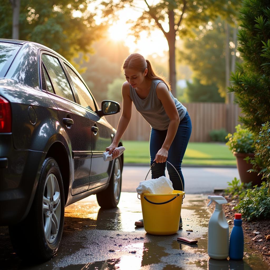 Washing a car in the driveway as part of auto home care service.