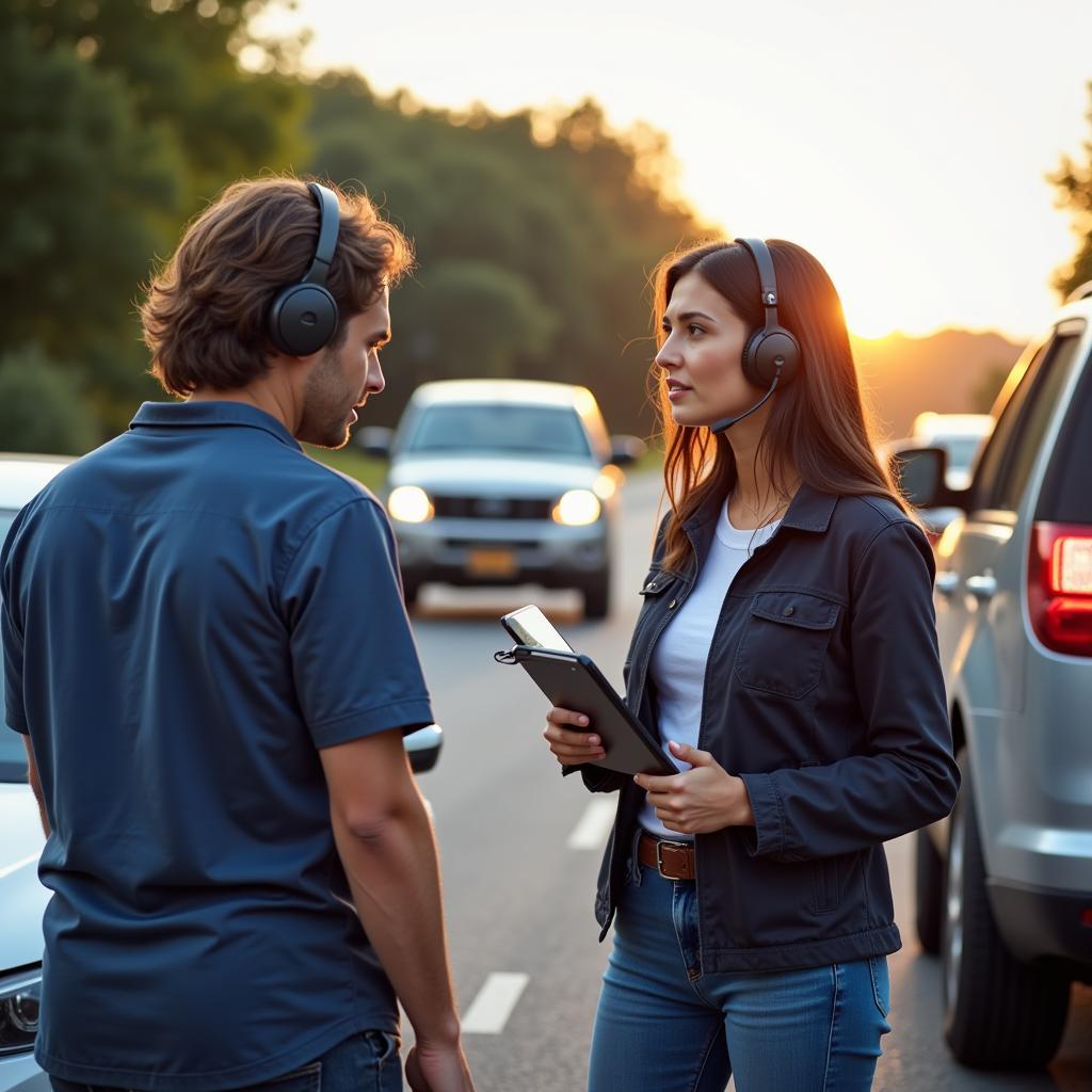 Auto insurance customer service representative assisting a customer with roadside assistance after an accident.