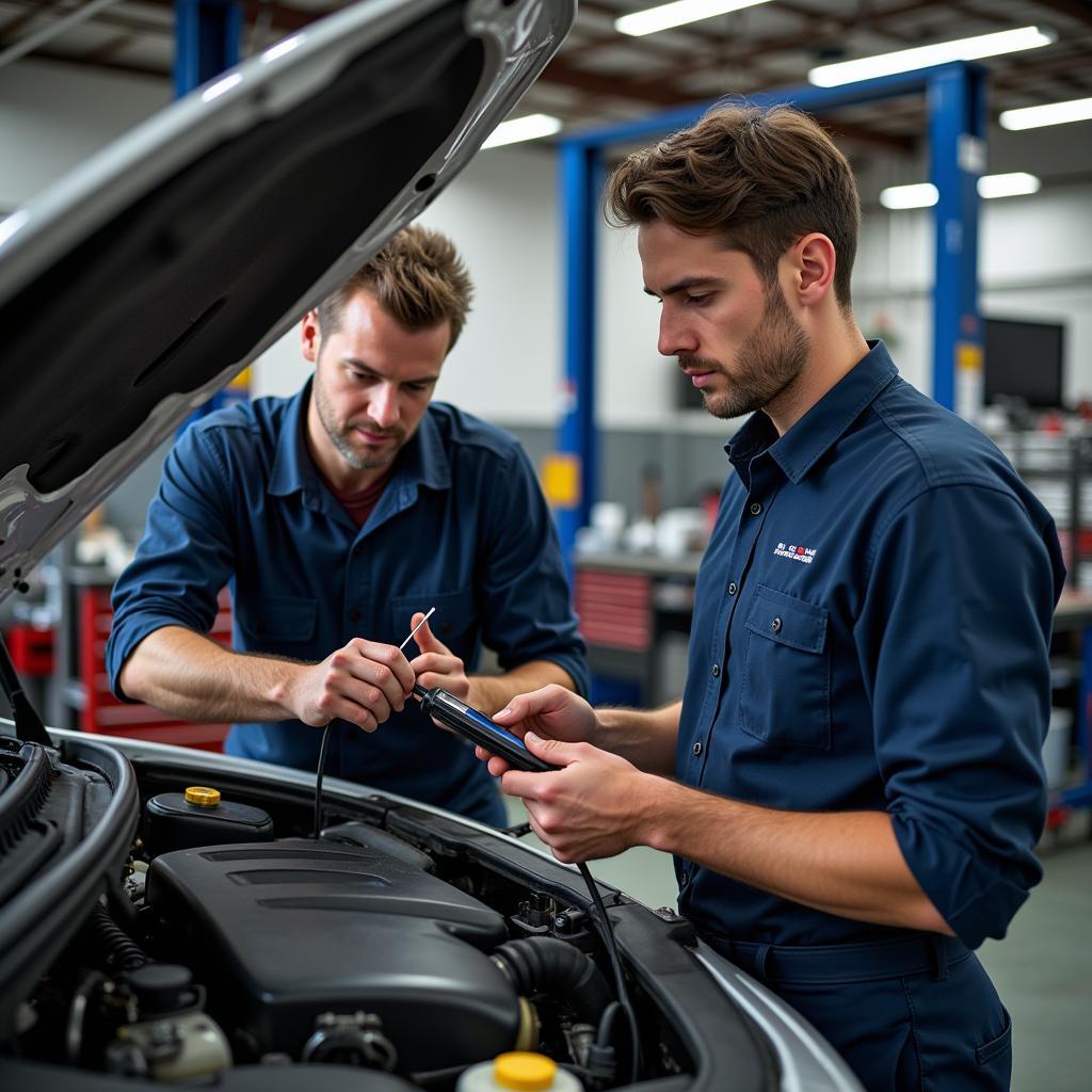 Skilled technicians working on a car engine, performing routine maintenance.