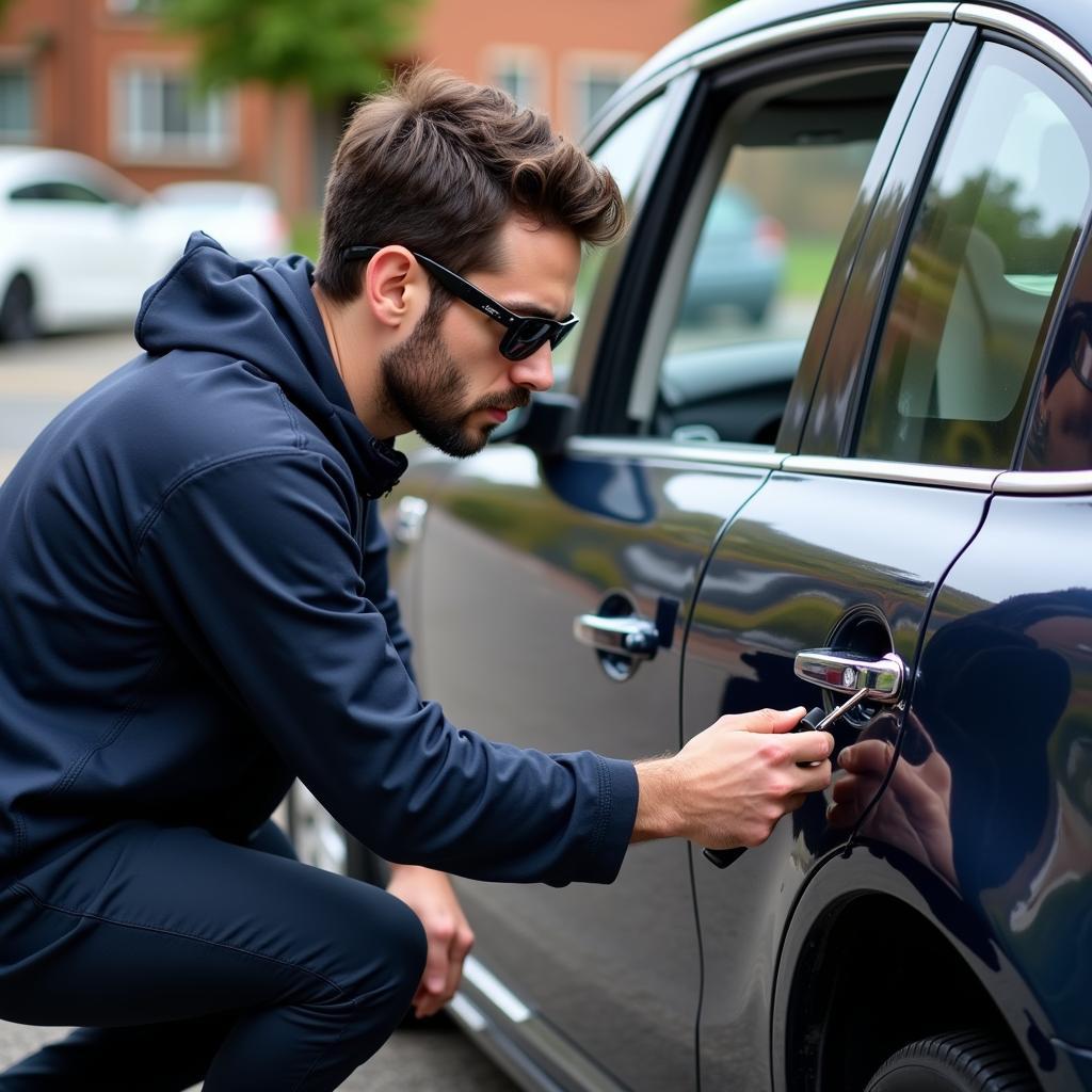 Auto locksmith working on a car lock in Portsmouth