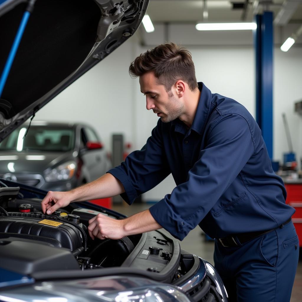 Certified auto mechanic working on a car in a Cedar Rapids garage