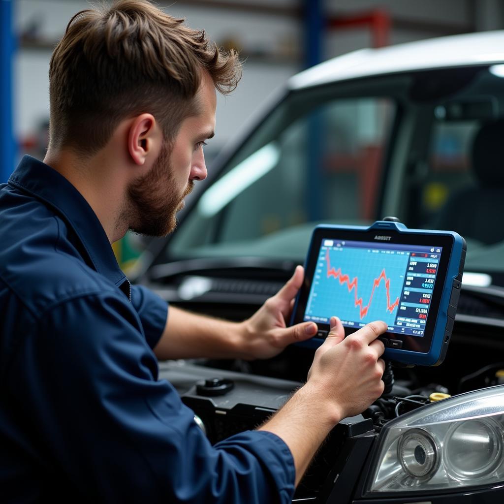 Experienced Auto Mechanic Diagnosing a Car Problem Using Diagnostic Tools