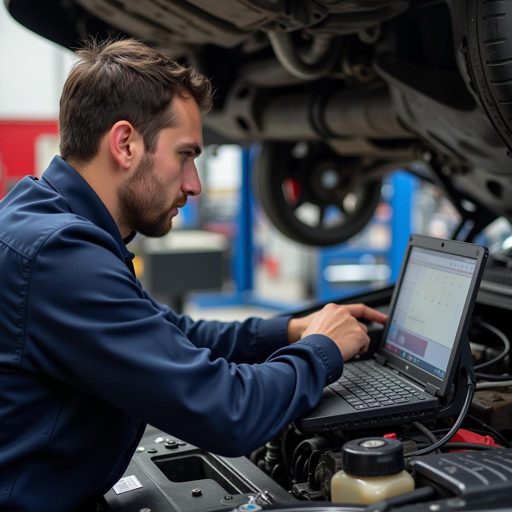 A certified auto mechanic using diagnostic equipment on a car in a Fountain Valley repair shop