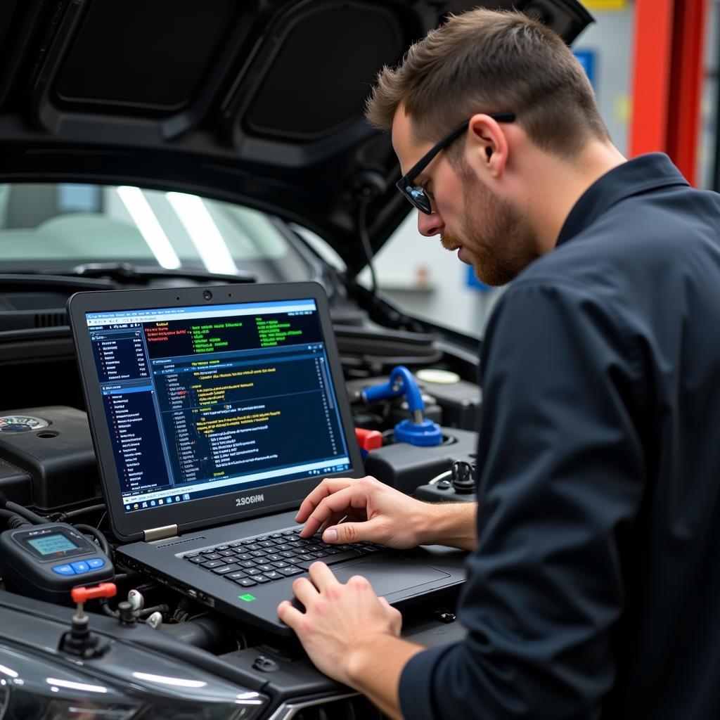 Auto Mechanic Using Diagnostic Tools