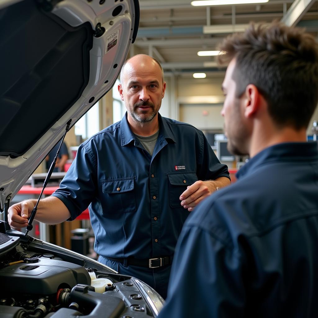 Mechanic explaining car repair in Russian