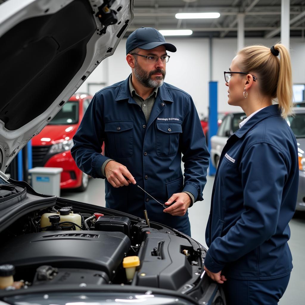 Auto mechanic explaining car repair to a customer