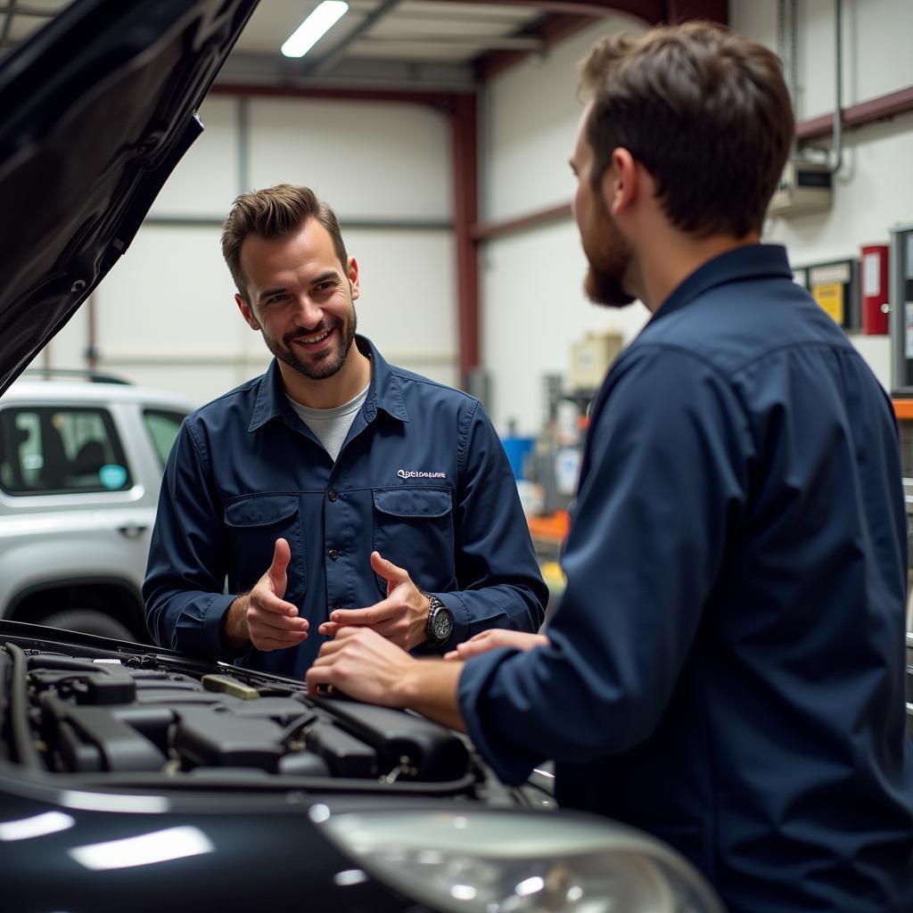 Auto mechanic explaining repair to customer