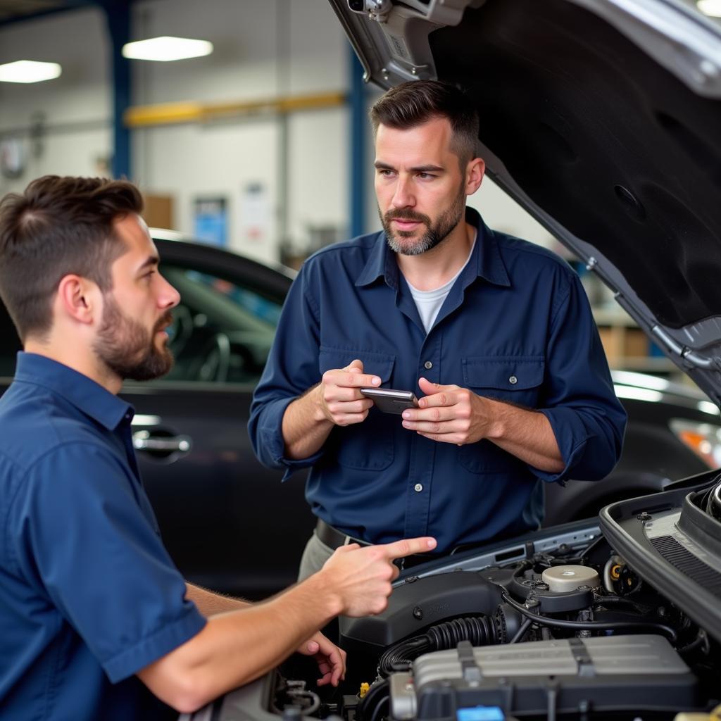 Auto Mechanic Explaining Car Repair to Customer