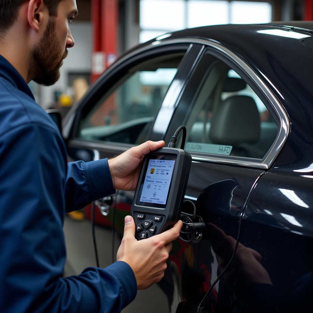 Auto Mechanic Performing a Diagnostic Scan on a Vehicle