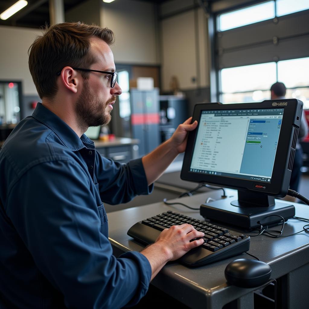 Auto mechanic using diagnostic equipment in Gas City, IN