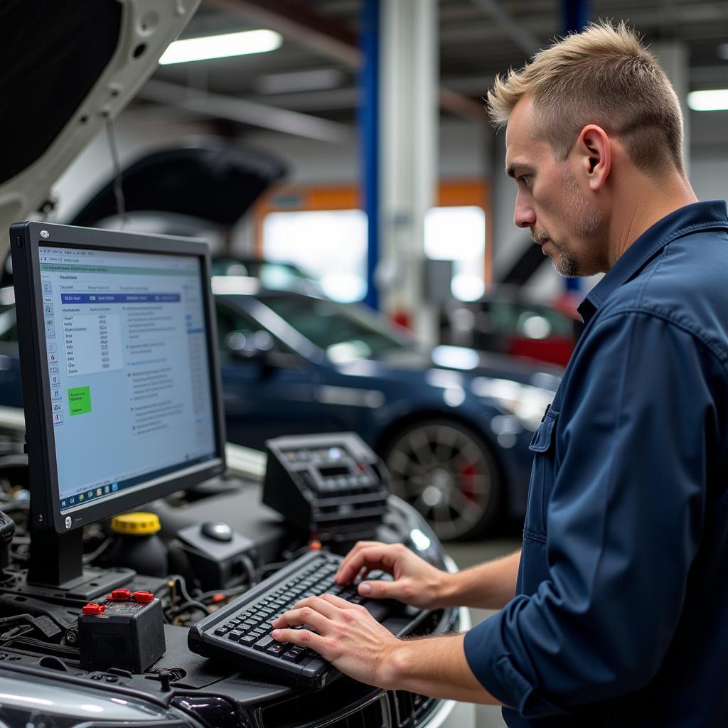 An auto mechanic using diagnostic equipment on a car engine in a well-equipped 7-12 auto repair shop.