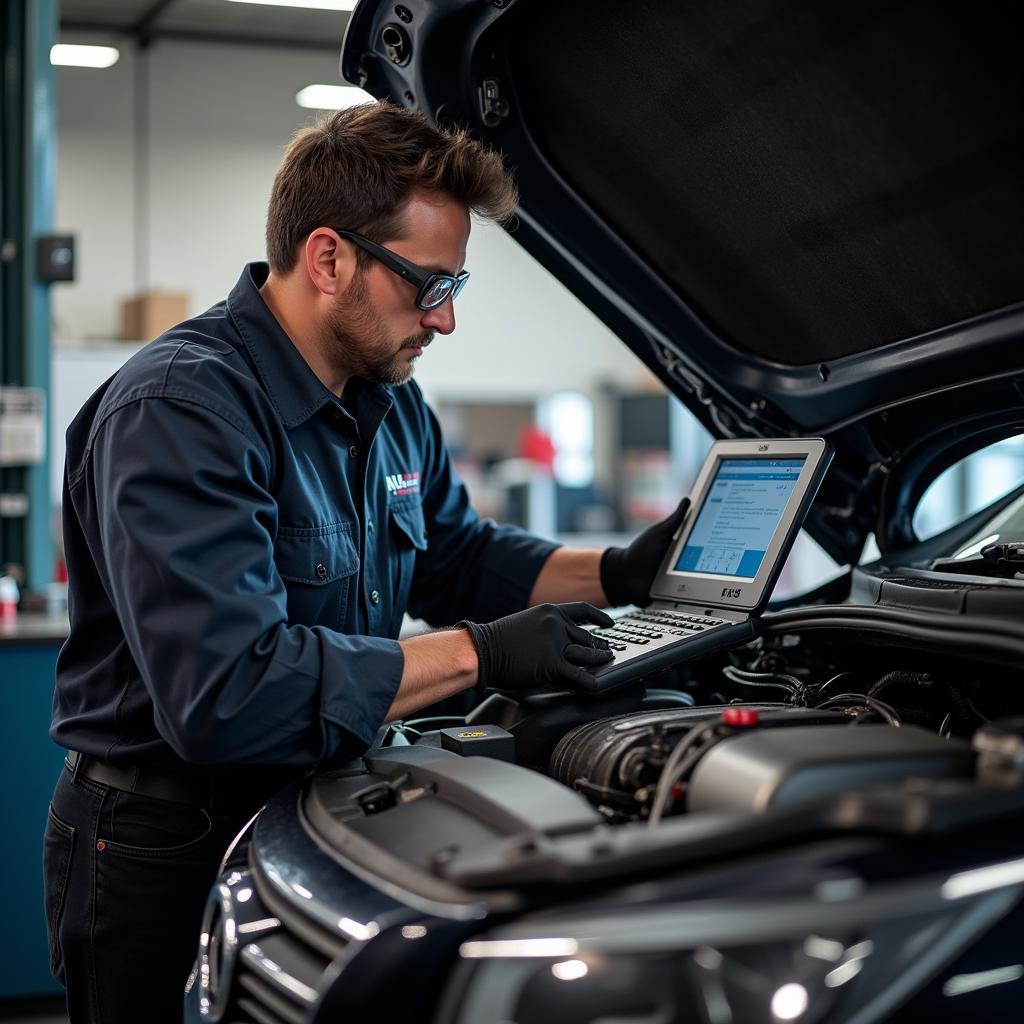 Auto mechanic performing engine diagnostics in a 95677 auto service shop.