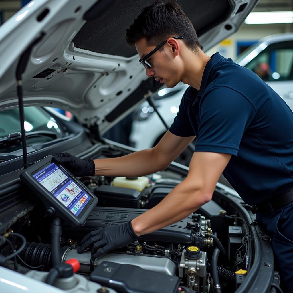 Auto Mechanic Working on a Car Engine