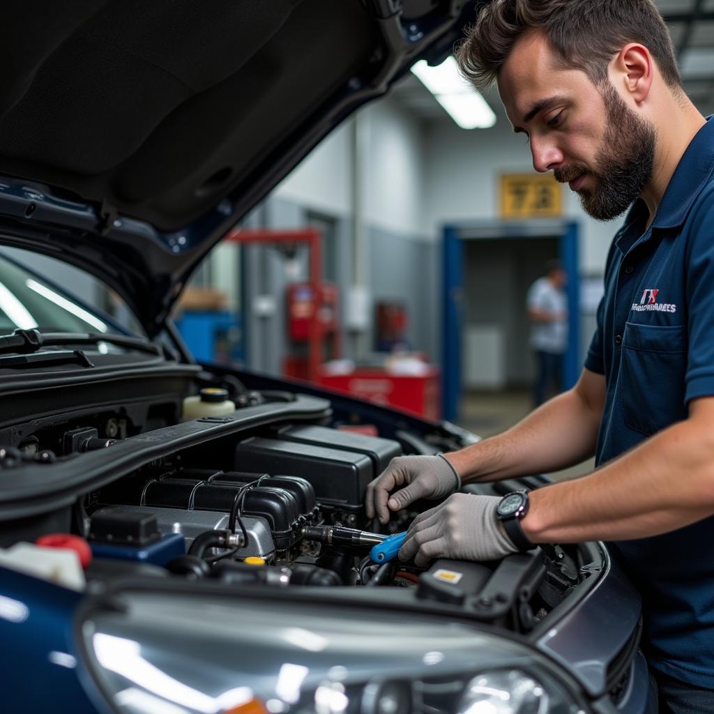 Auto Mechanic Working on Engine