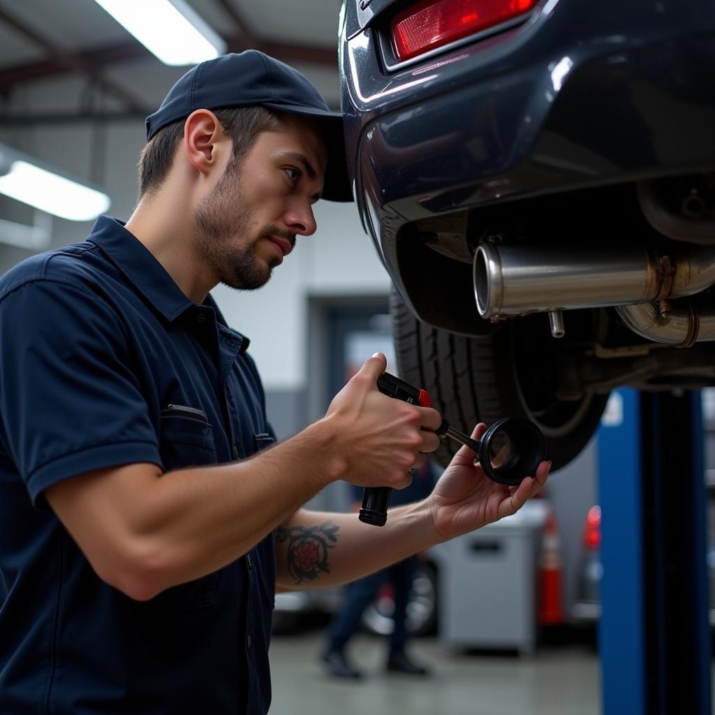 Mechanic Inspecting a Muffler in Eastpointe, MI