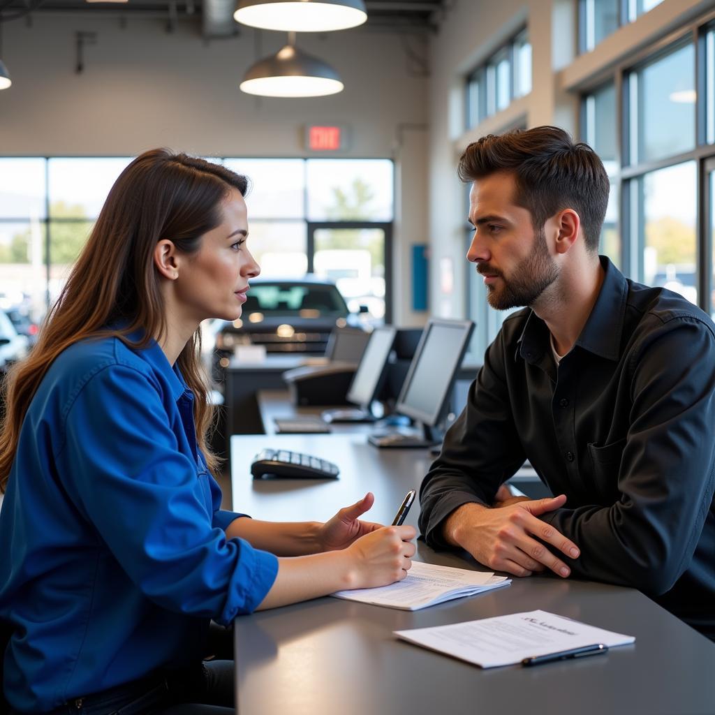 Customer Consulting with a Service Advisor at an Auto Shop