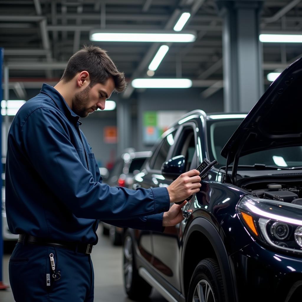 Technician Using Modern Diagnostic Equipment on a Vehicle