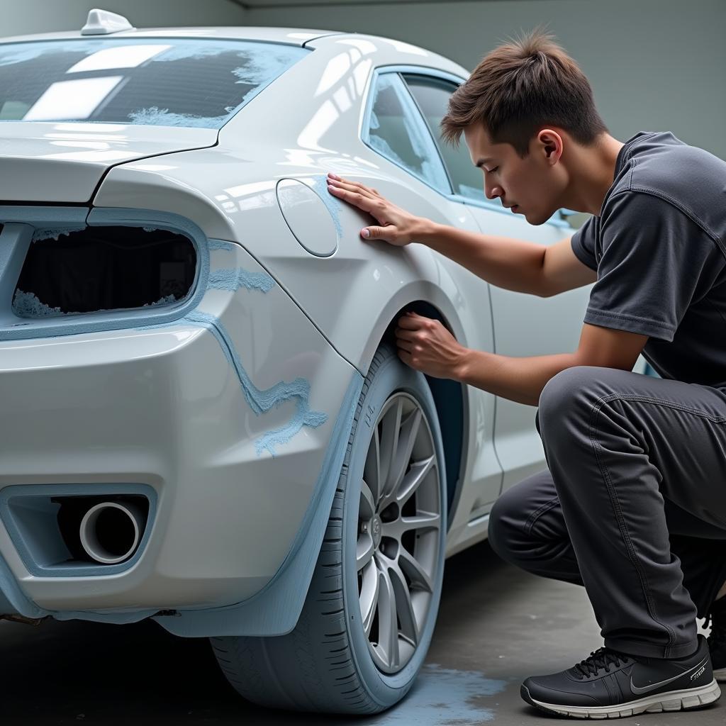 Auto painter prepping a car for paint