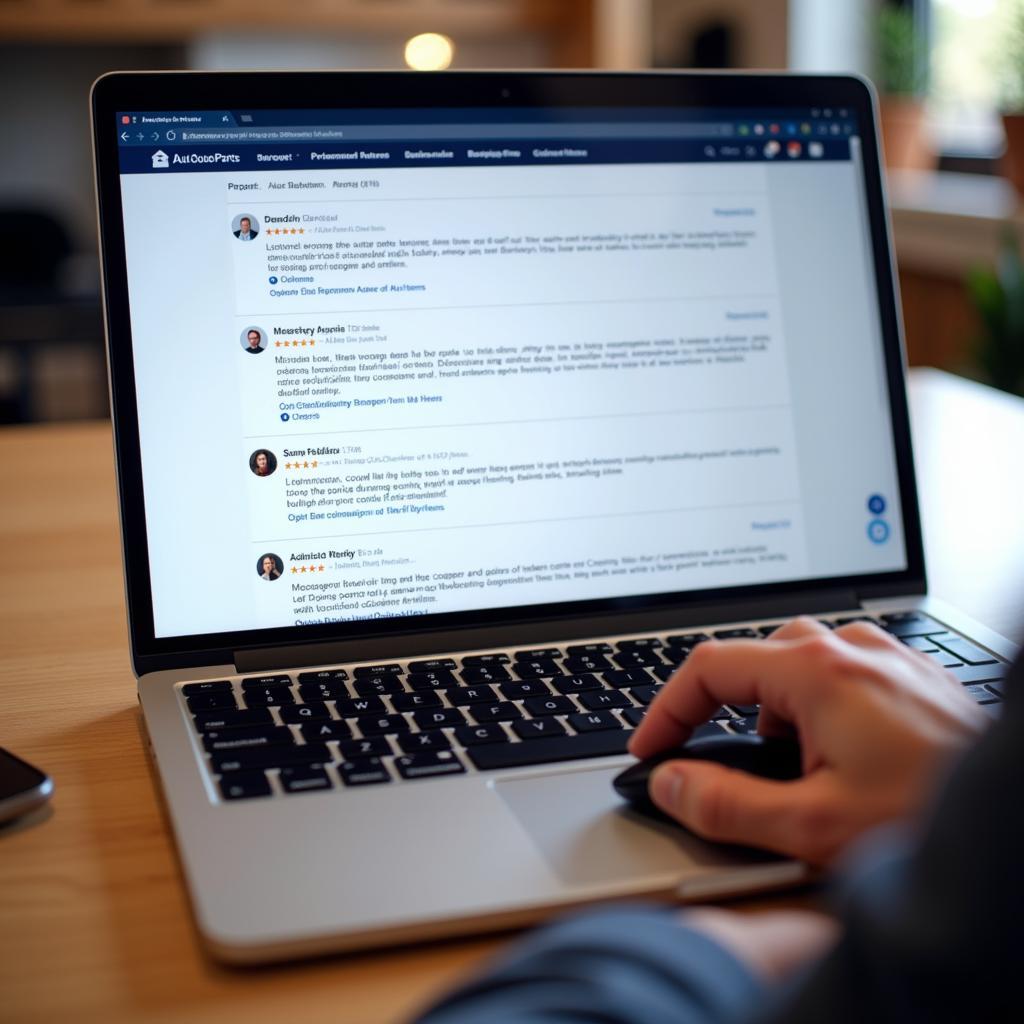 A person using a laptop to search for auto parts service centres in Staines and reading online reviews