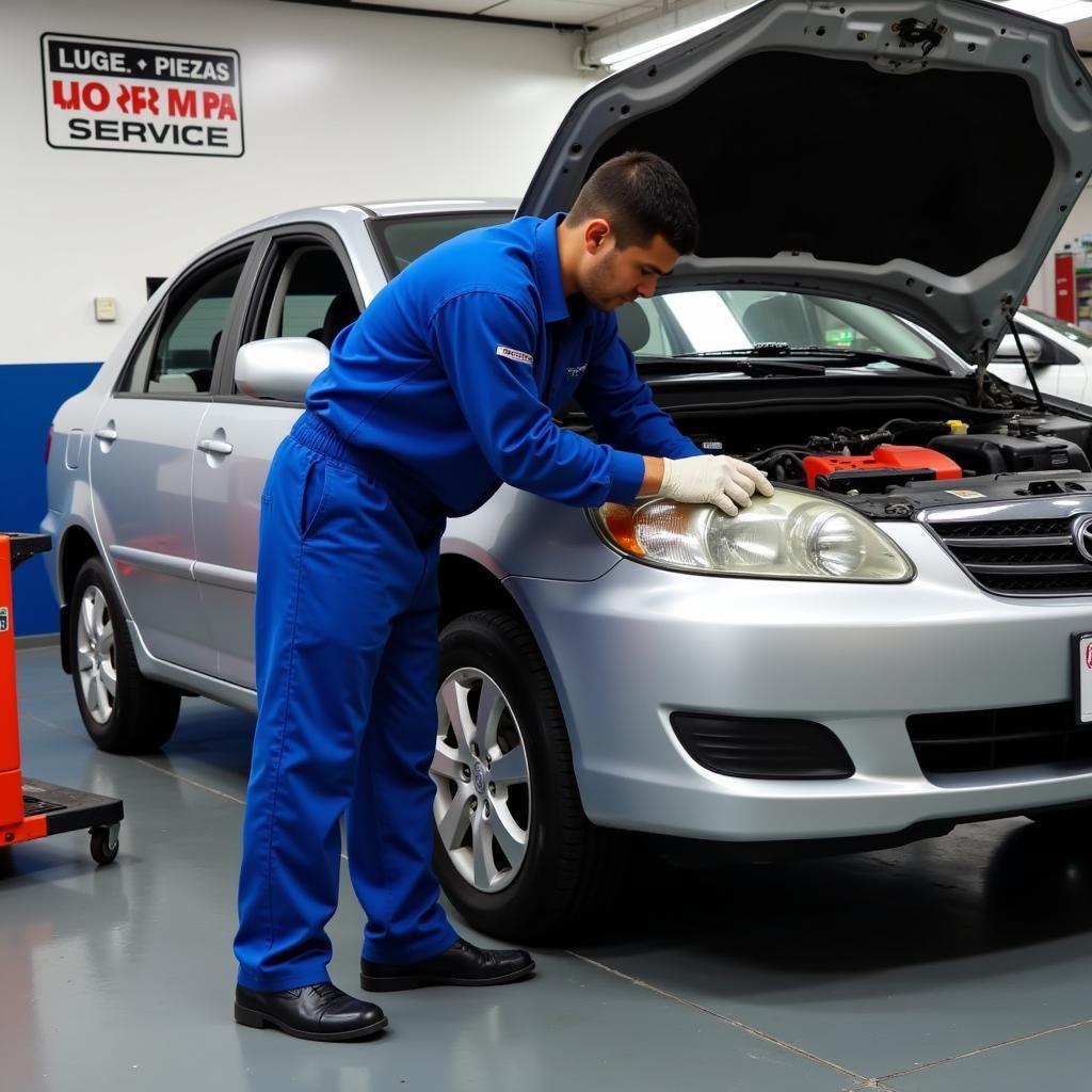 Mechanic working on a car in a Lugo service shop