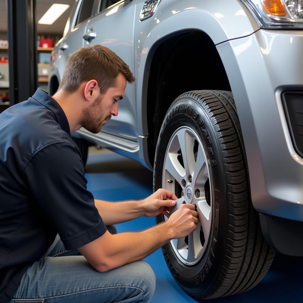 Technician at Auto Pro Tires & Services Maryville installing new tires on a vehicle using professional equipment in a clean and organized workspace.