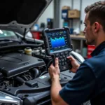 A mechanic using advanced diagnostic tools on a car engine in a Union Park auto repair shop.