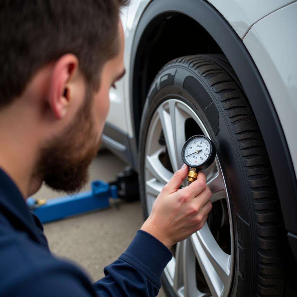 Mechanic checking tire pressure in Hernando, MS