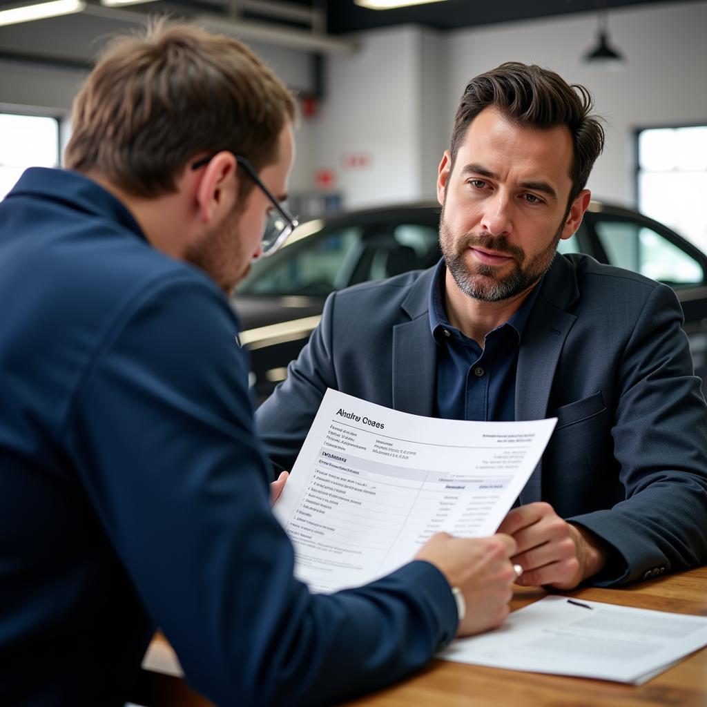 Customer Reviewing Auto Repair Invoice with Mechanic