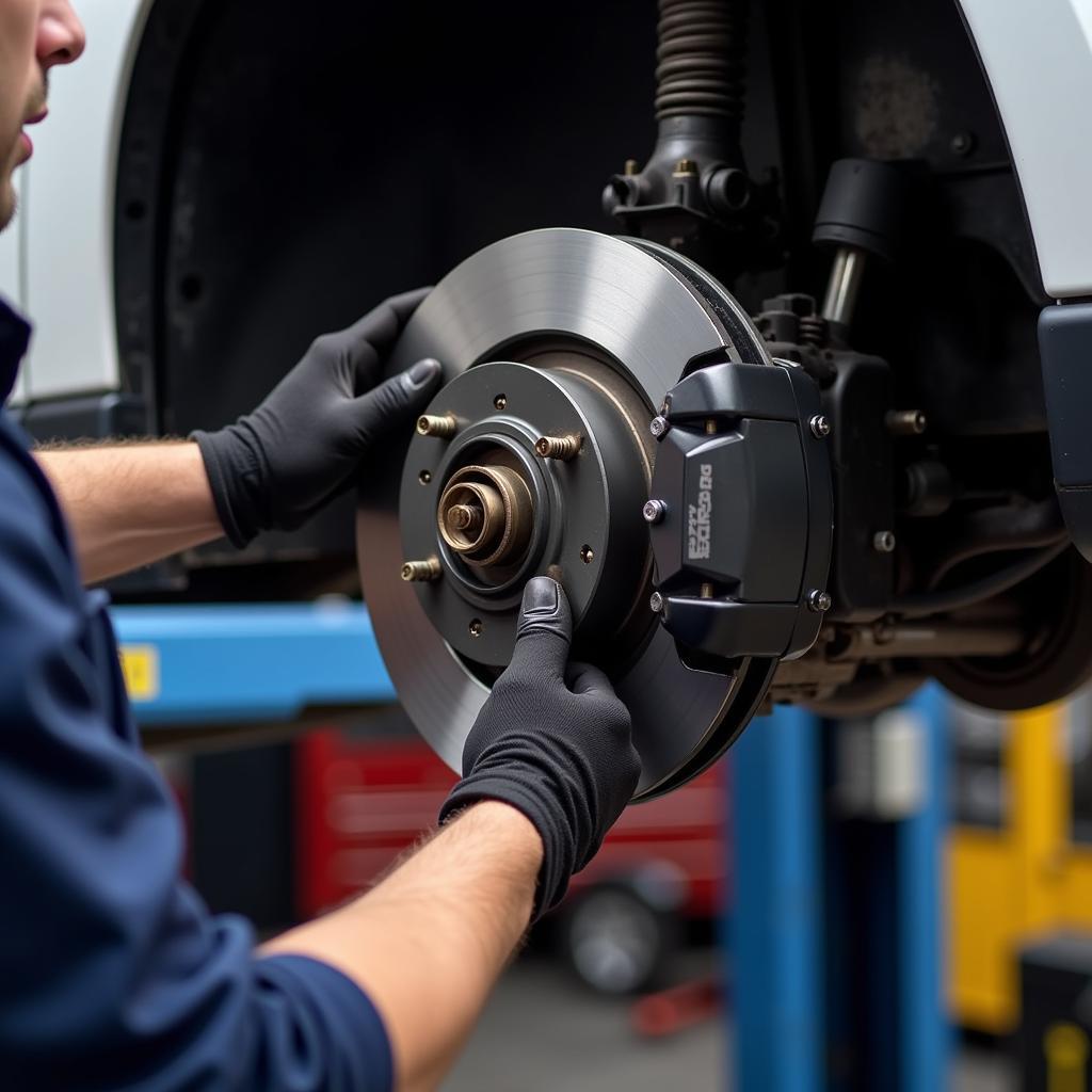 Mechanic inspecting car brakes in Lansdowne