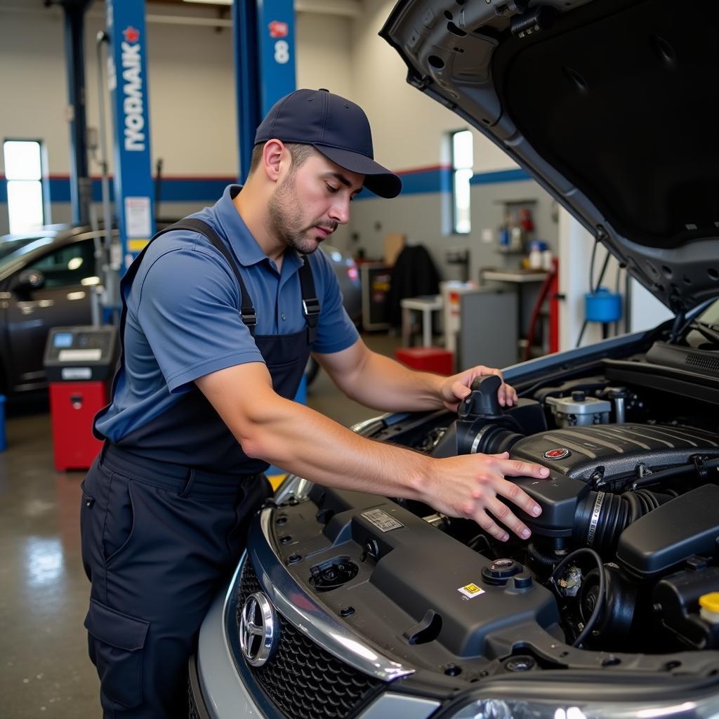 Experienced mechanic working on a car engine in a Corpus Christi auto repair shop