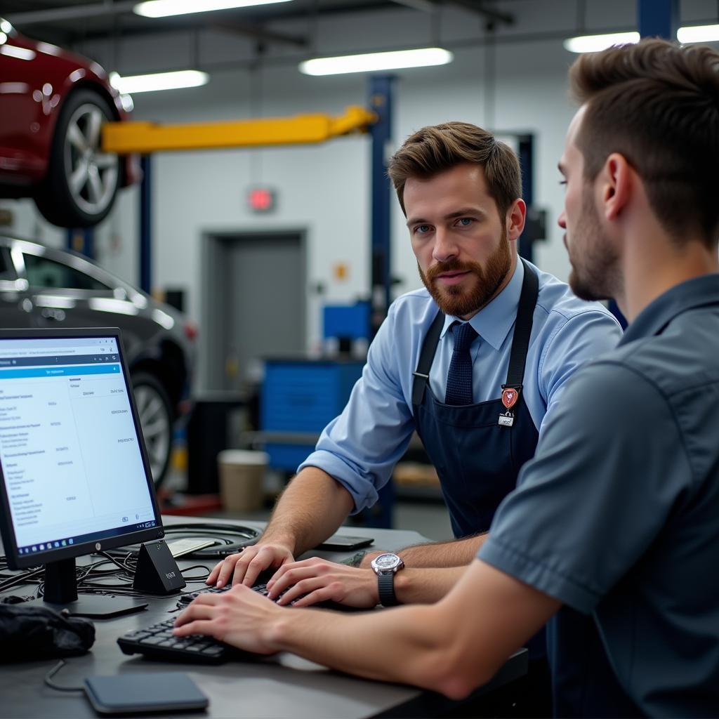 Auto repair service manager actively engaging with a customer, discussing repair options and providing cost estimates.