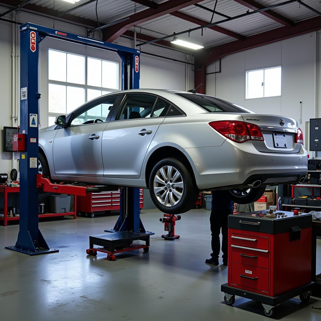 Car on a lift undergoing auto repair and service in Modesto