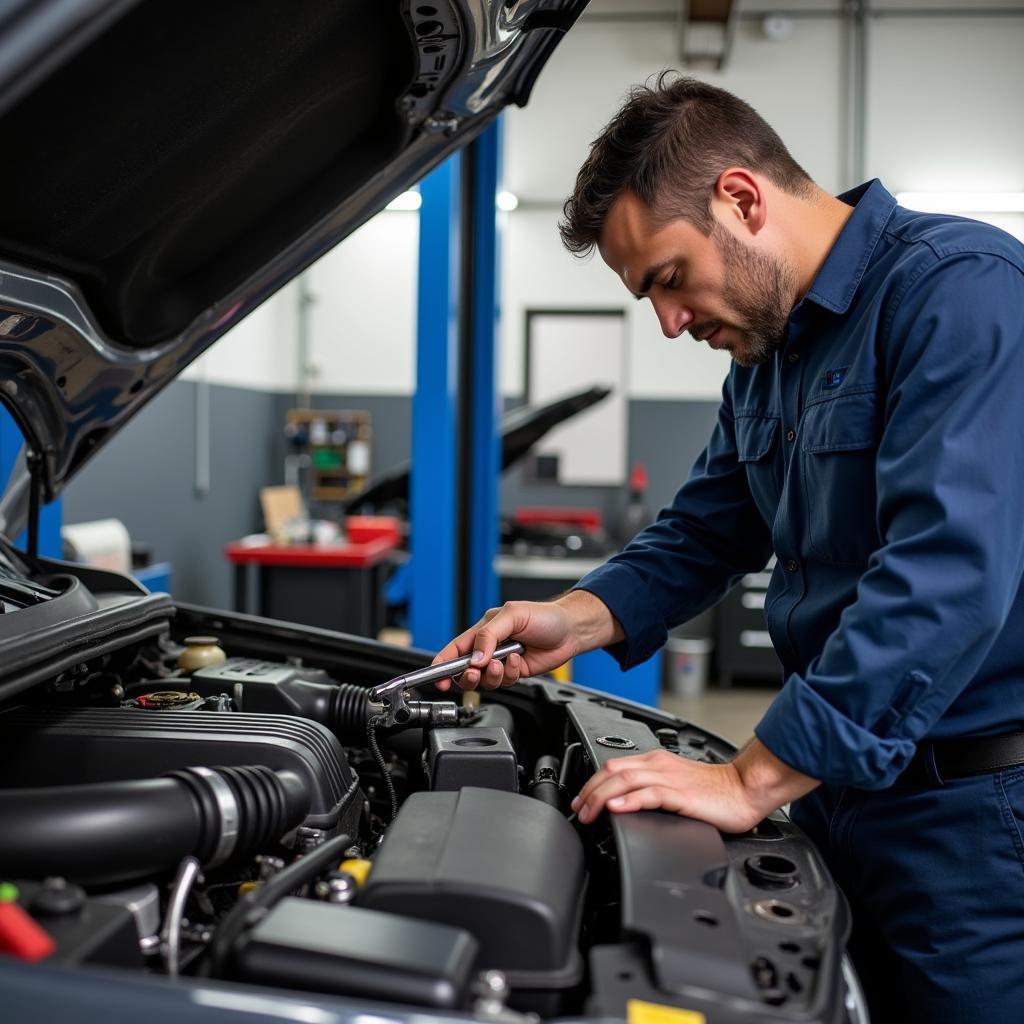 Mechanic working on a car engine in a Bridgeton, MO auto repair shop