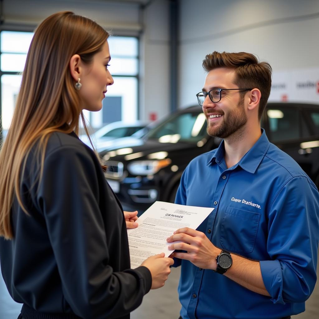 Customer service advisor discussing car repair options with a client in a bright and welcoming auto repair shop.