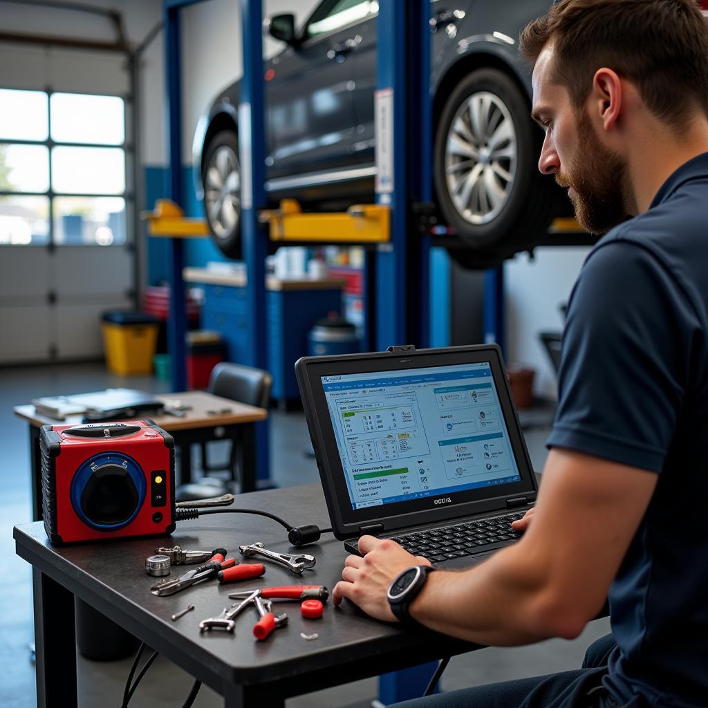 Mechanic using diagnostic tools in an auto repair shop