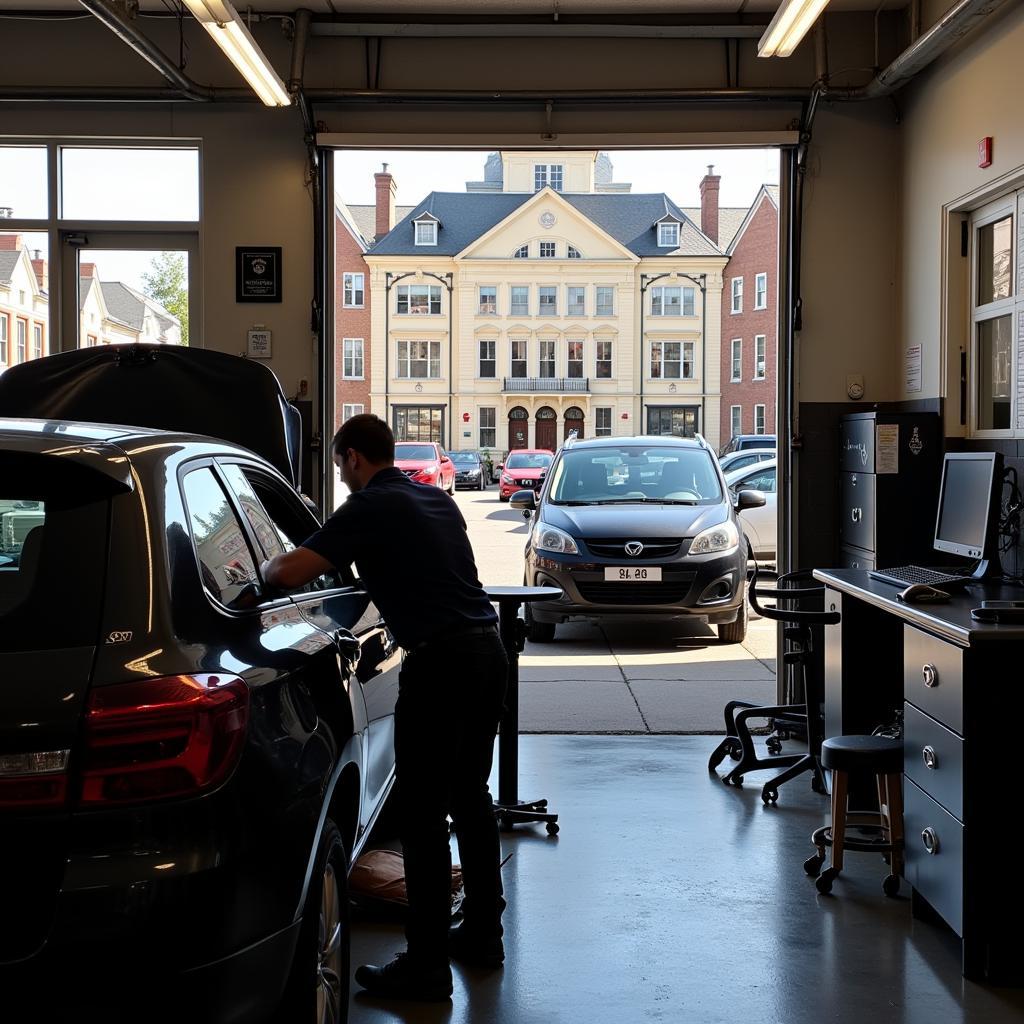 Mechanic working on a car in a modern auto repair shop near Yale Club