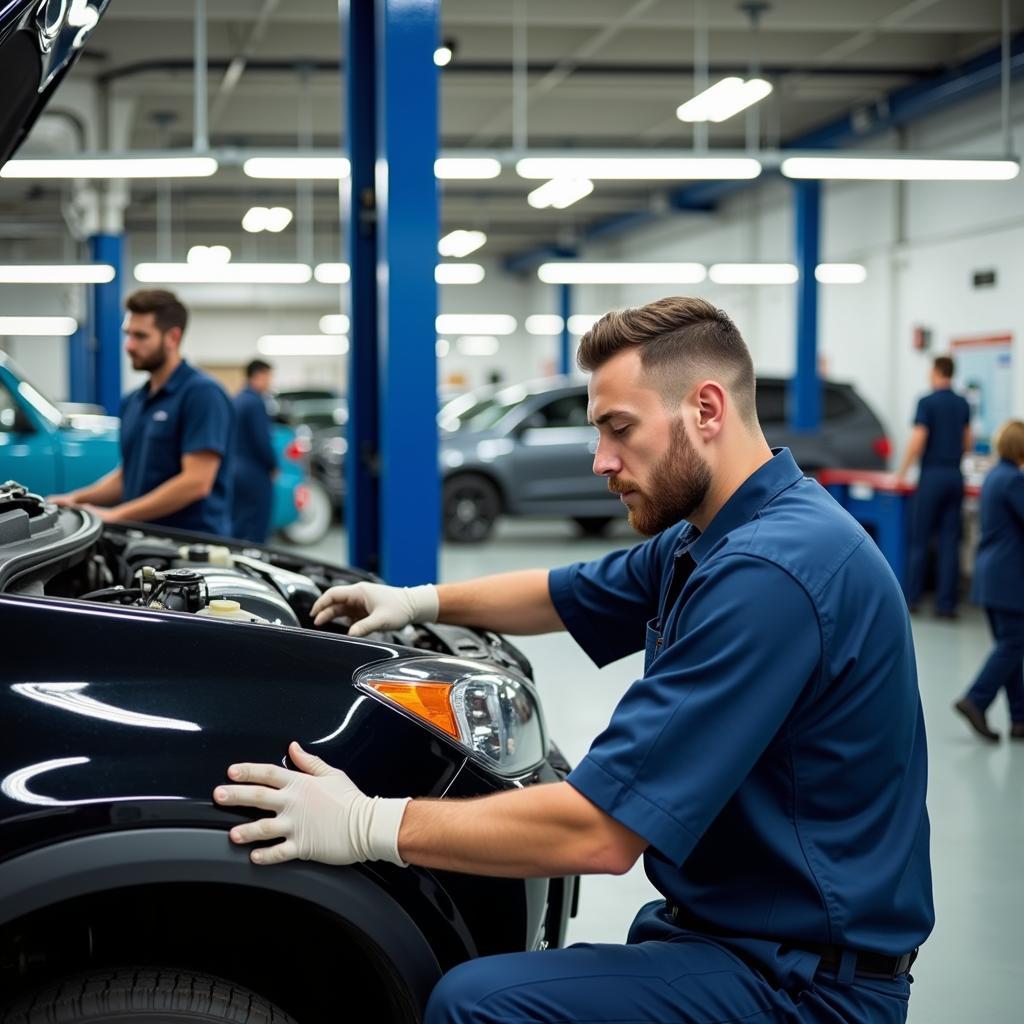 Choosing the right auto repair shop in Orlando, FL can be stressful.  This image depicts a clean, modern auto repair shop with friendly mechanics.