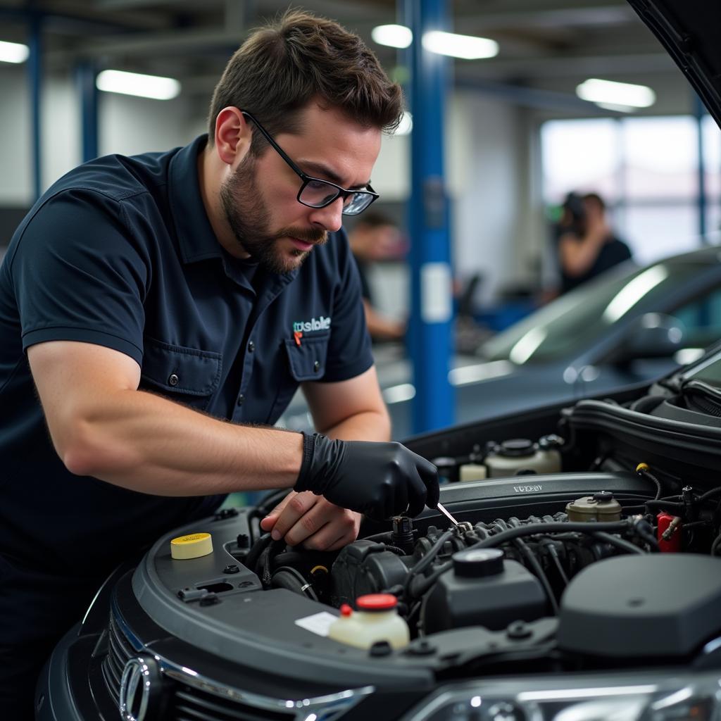 Auto Repair Shop Technician Working on a Car Engine