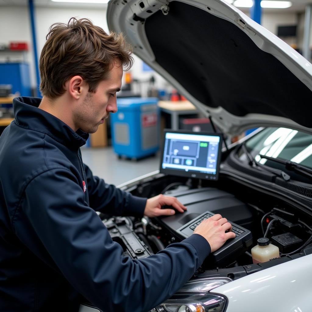 Skilled auto repair technician using diagnostic equipment on a car.