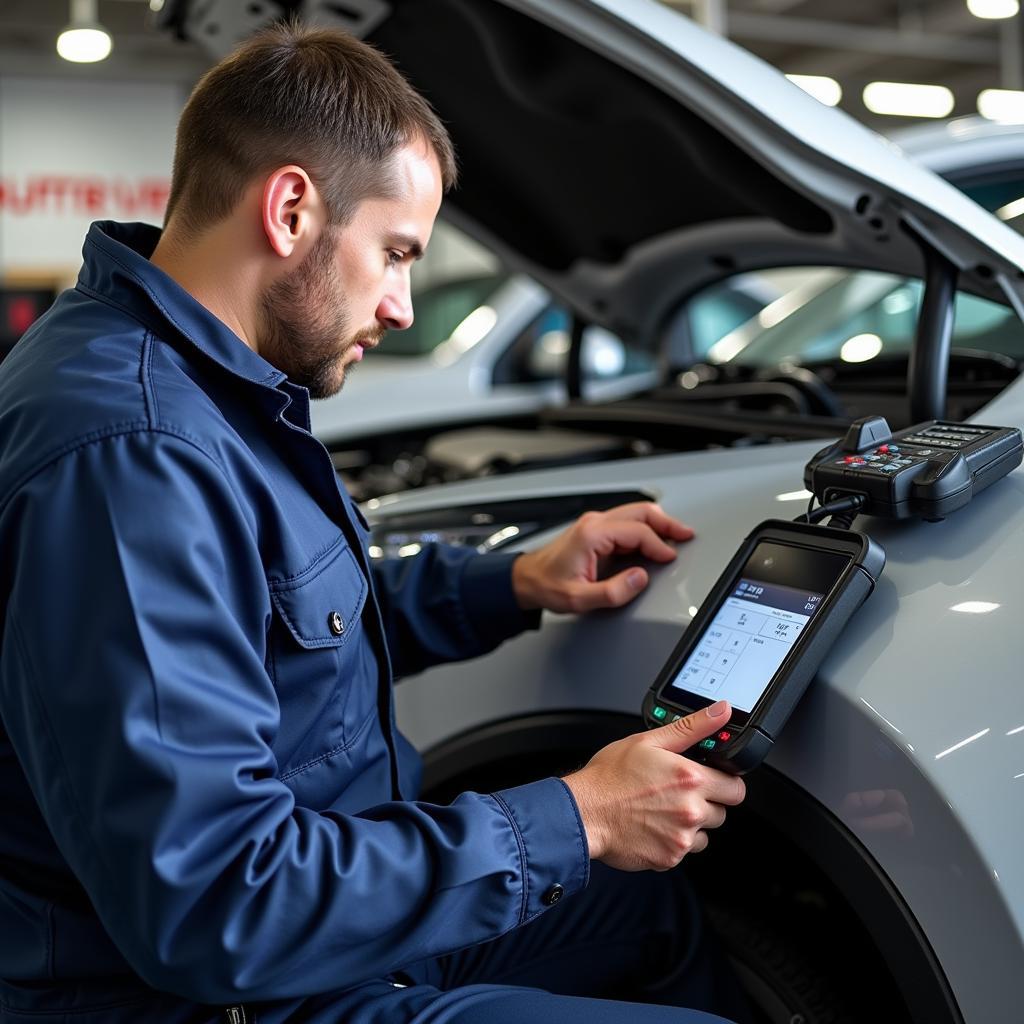 Auto Repair Technician Using Diagnostic Tools - A skilled technician utilizing advanced diagnostic equipment on a vehicle.