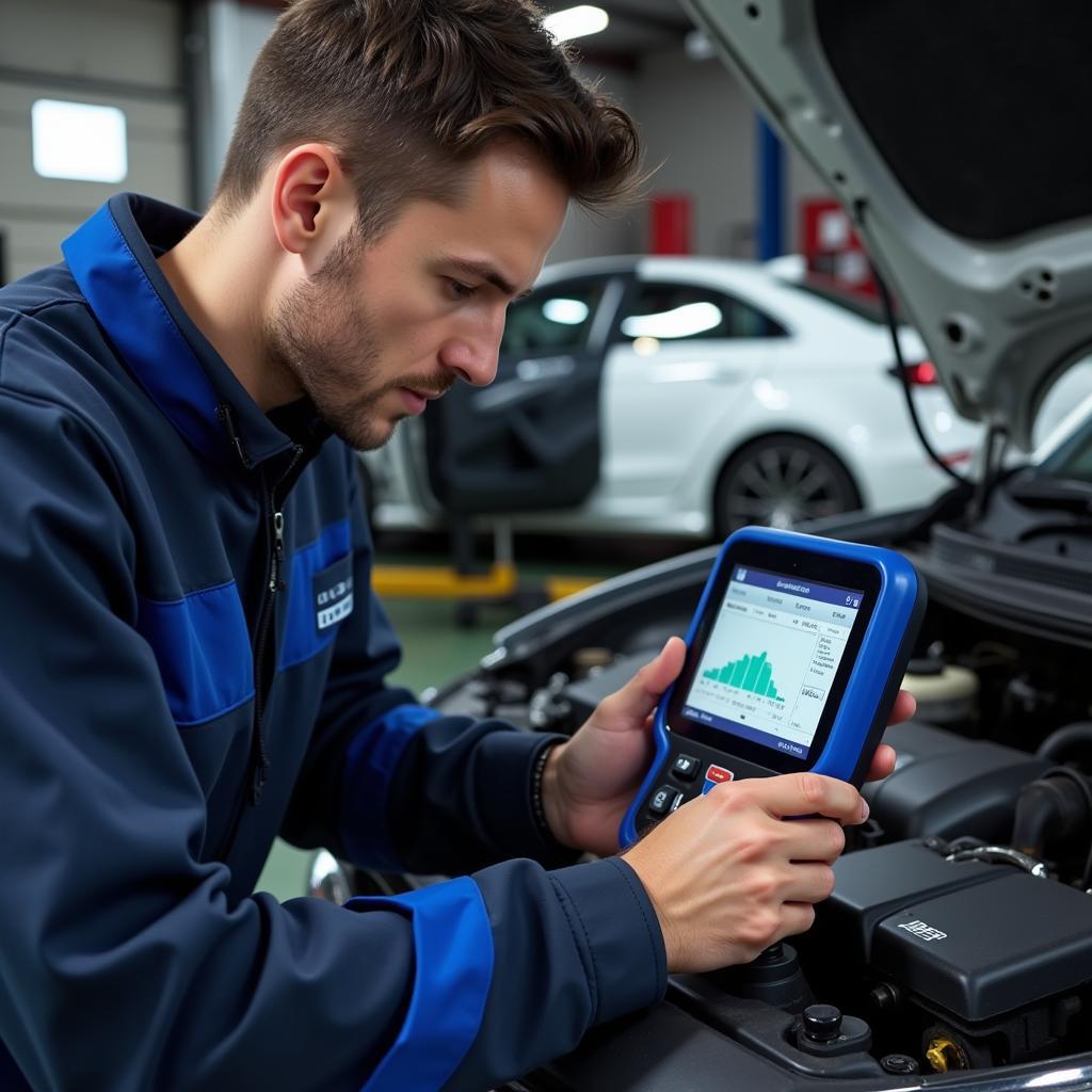 Auto Repair Technician Using Diagnostic Equipment